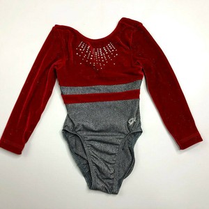 GK-Elite-Girls-Large-Medium-Gymnastics-Leotard-Silver-Sparkle-Red-Soft-Velour