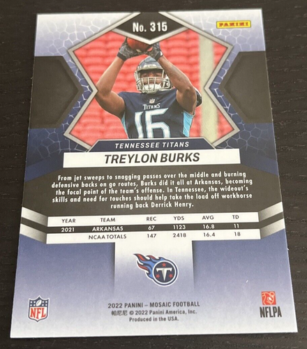 2022 Panini Mosaic - Treylon Burks - #315 - Tennessee Titans - RC (B13) - Picture 2 of 2