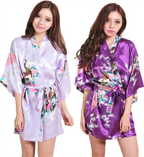 Sexy Seda Pavo Real Mujeres Novia Dama de honor Kimono Bata de baño Satén Vestido de Noche Vestido - Imagen 11 de 19