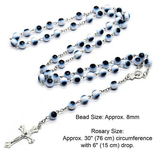 BÖSES AUGE ROSENKRANZ 30 Zoll Halskette 6 Zoll Tropfen 8 mm blau weiß Gebetsperlen Kreuz Kruzifix - Bild 2 von 6
