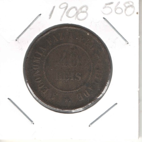 Moneda Brasil 40 Reyes 1908 Bronce EB568 - Imagen 3 de 4