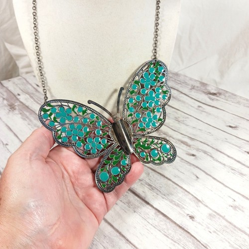 Türkis Schmetterling Anhänger Halskette groß 5x4" dunkel silberfarben verstellbar 34" Kette - Bild 5 von 8