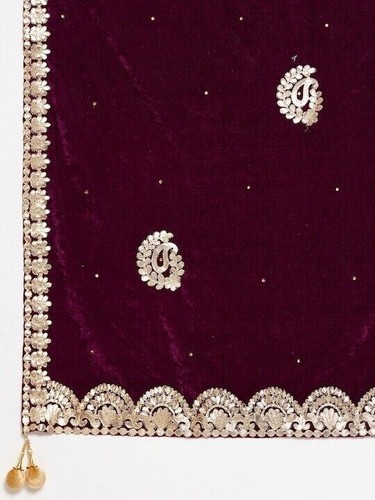 Velvet Burgundy Dupatta Embroidered with Gotta Patti Veli Scarf Stole EthnicWear - Picture 4 of 4