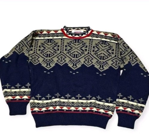 Vintage Obermeryer Men’s Matterhorn Wool Blend Navy Fair Isle Ski Sweater Sz M - Picture 1 of 5