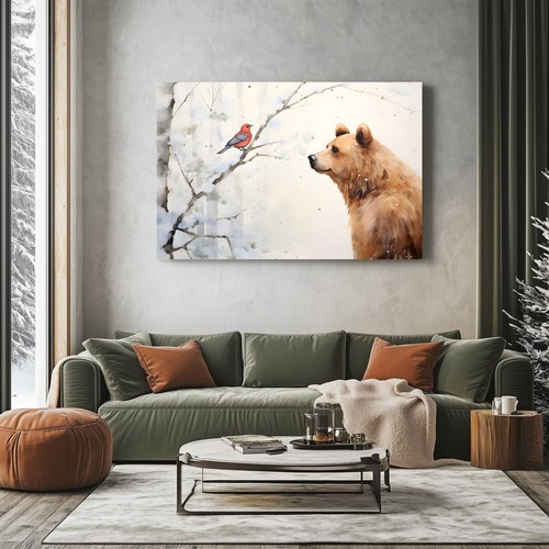 Cute Bear & Cardinal Winter Painting on Framed Canvas Wall Art Print Animals - Picture 6 of 10