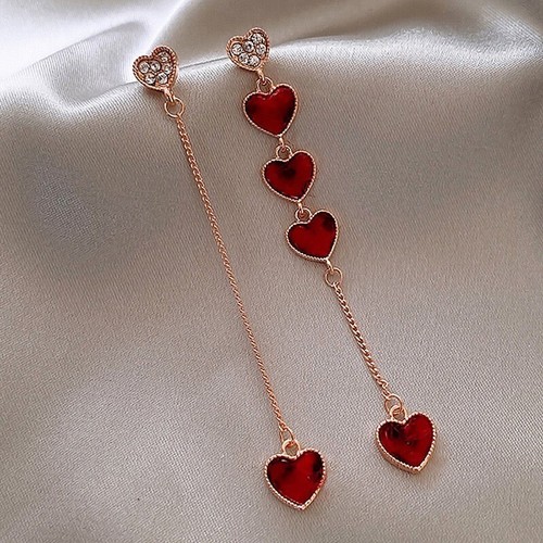 Heart Dangle Drop Gold Tassel Zircon Crystal Earrings Stud Dangl Women Jewelry - Imagen 2 de 8
