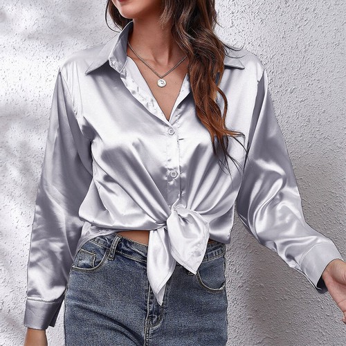 Damen Satin Slik Shirt Damen V-Ausschnitt Knopfleiste OL Arbeit Uni Baggy Bluse Tops - Bild 45 von 66