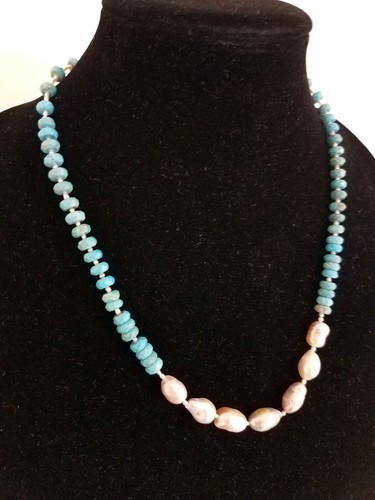Vtg Mexican Faceted Turquoise Rondelle Beads Gen Pearl Necklace Sterling Silver - Picture 2 of 7
