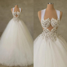 Illusion A Line Wedding Dress Sheer Neck Sleeveless Bridal Gowns Pearls Sequins