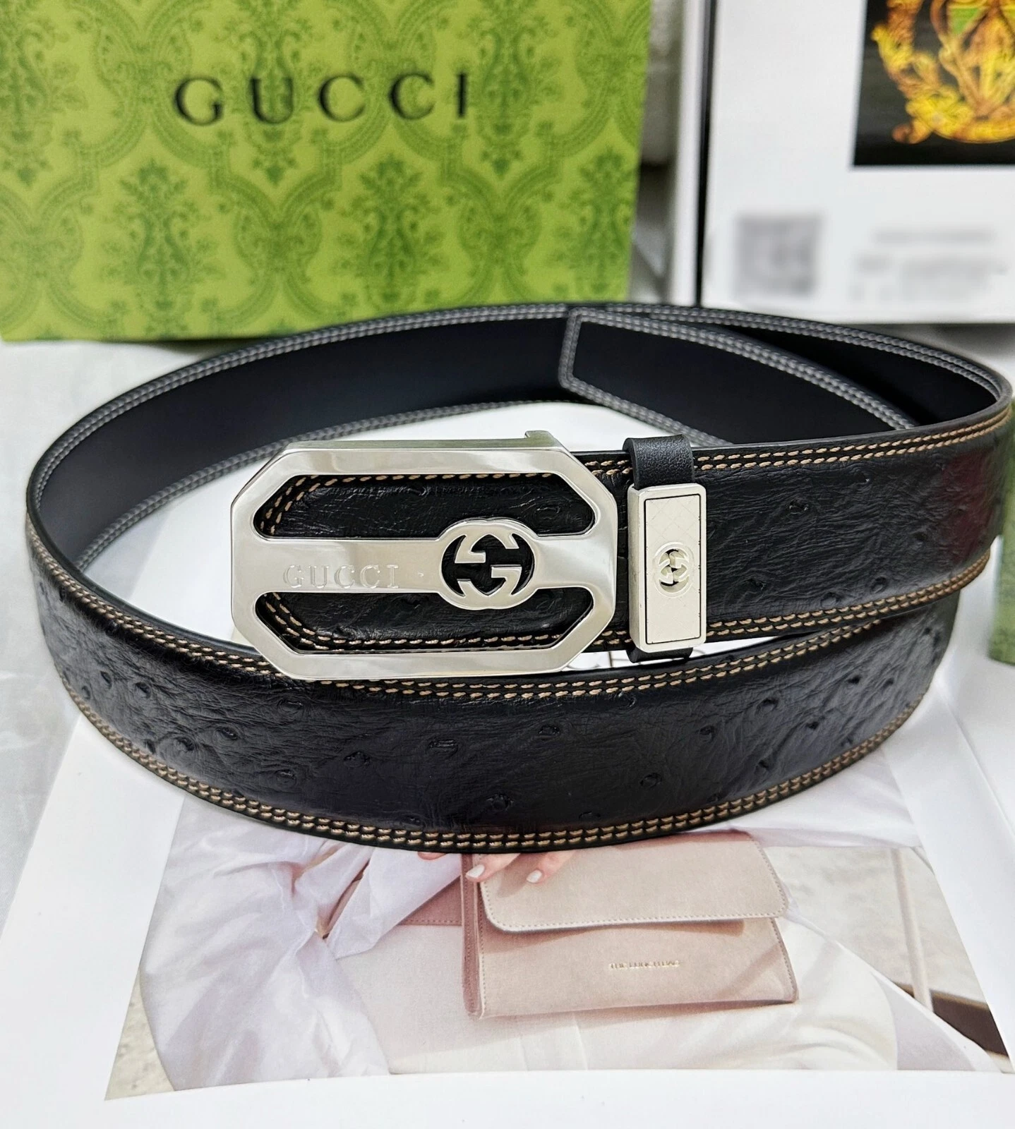 GUCCI 24k boucle acier pur argent 4cm ceinture homme sculpté cuir noir 90/36