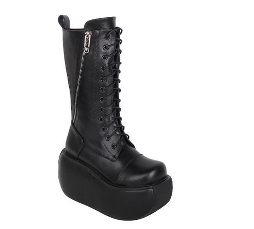 Womens Fashion Round Toe Lace Up Zipper Mid Calf Boots Punk Chunky High Heels - Bild 4 von 9