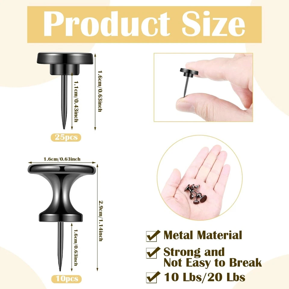 Metal Push Pins, 35 Pieces Black Thumb Tacks for Wall Picture Hanging Cork Bo... - Image 2 of 4