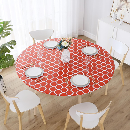 Rectangle Fitted Vinyl Tablecloth with Elastic Edge, Waterproof Moroccan Design