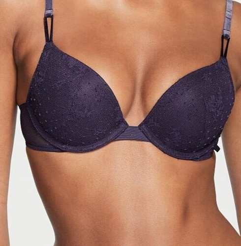 38D Purple Grape Floral Dot Mesh Extreme Lift Victorias Secret Plunge PU UW Bra - Picture 8 of 13