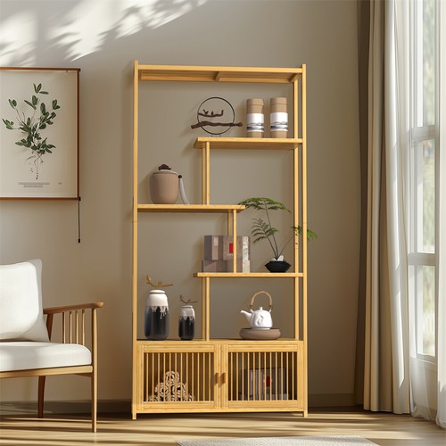 Bamboo 6-tier Storage Rack Blind Door Cabinet Staggered Shelf Etagere Bookcase - Picture 7 of 16