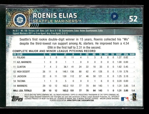 Roenis Elias 2015 Topps Opening Day #52 - Picture 2 of 2
