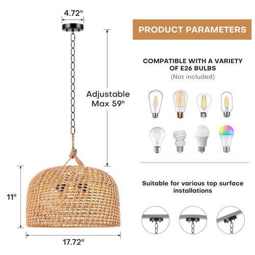 3-Lights Boho Farmhouse Chandelier Hemp Rope Woven Rattan Pendant Light Fixture - Picture 2 of 11