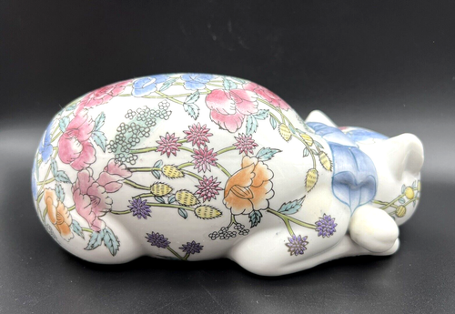 VTG WBI Hand Painted Floral Sleeping Reclining Cat Porcelain Figurine 10" L - Picture 5 of 10