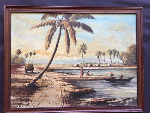 4 AUTHENTIC ANTIQUE N.A. DAVID OIL PAINTINGS! WATER BUFFALO TREES FLOWERS 1920'S - Picture 5 of 11