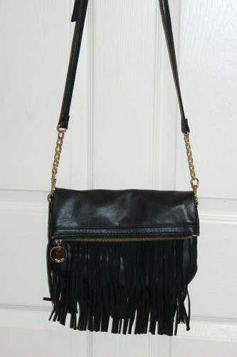 DEUX LUX Soft Black Vegan Leather Fringe Flap Crossbody Shoulder Bag Exc! - Picture 2 of 10