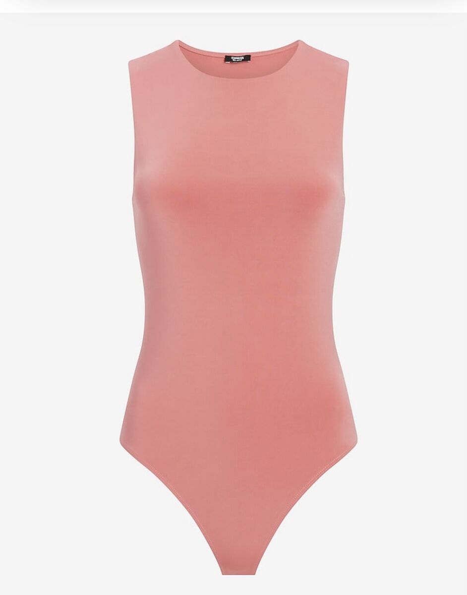 Express Pink BODY CONTOUR DOUBLE LAYER HIGH NECK THONG BODYSUIT sz