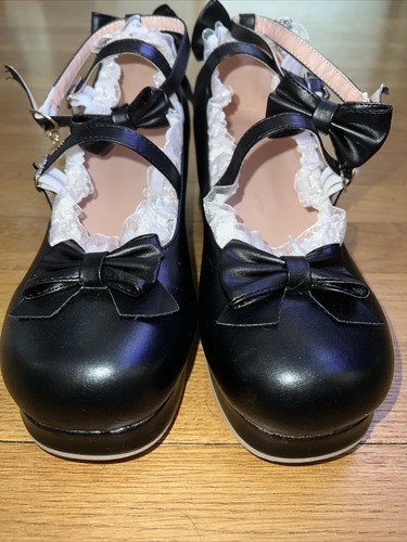 Mary Jane Gothic Lolita Kawaii Black Round Toe Block Heel Lace Bow 3 strap NWOB - Picture 20 of 24