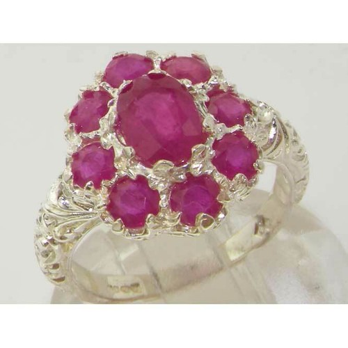 Solid 18k White Gold Natural Ruby Womens Cluster Ring - Sizes 4 to 12 - Picture 4 of 5