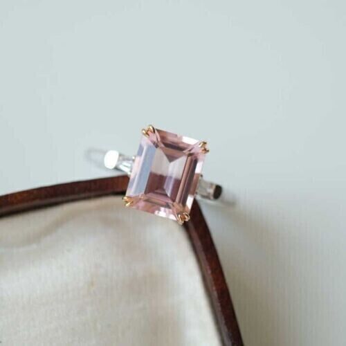 Natural Emerald Cut Morganite and Diamonds Women Ring 14k Solid White Gold d254 - Picture 2 of 5