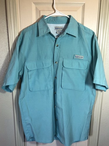 Realtree Mens Fishing Med Green Vented Short Sleeve Full Button Shirt