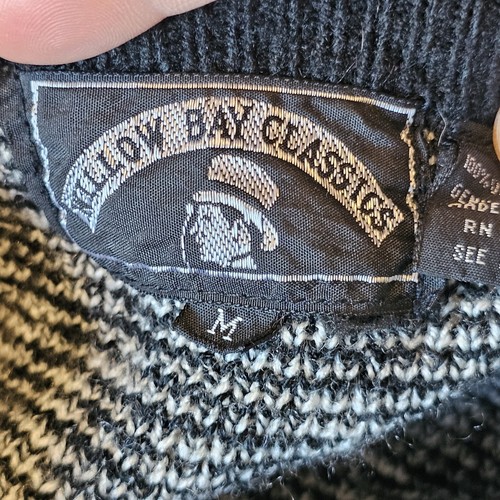 Vintage 80s Mens Medium Grandpa Cardigan Geometric Black White Leather Patches - Picture 8 of 11