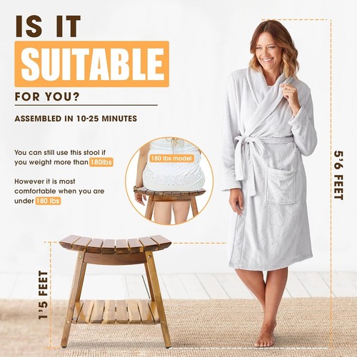 Versátil taburete de ducha de acacia impermeable de 18 pulgadas - Ideal para personas mayores y comodidad - Imagen 6 de 9