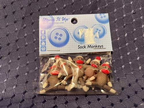 Sock Monkeys Dress It Up Novelty Buttons New In Package Of 5 Shank Buttons - Picture 2 of 3