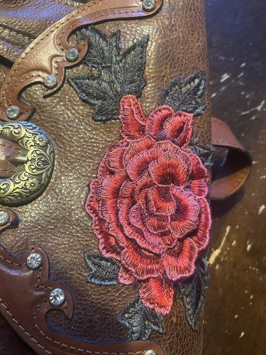 Patricia Nash Rose Flower Appliqué Western Backpack Cognac Brown Distressed - Bild 6 von 8