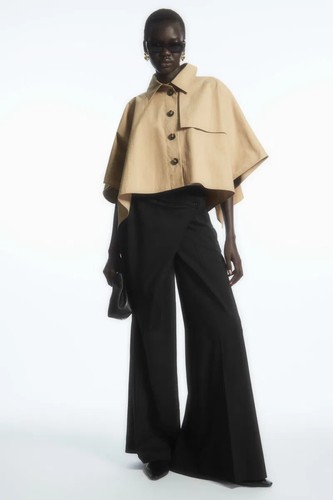 COS Tan Organic Cotton Blend Twill Cropped Trench Coat Cape Jacket, One Size - Bild 1 von 18