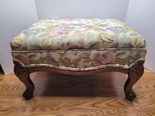Vintage Embroidered Floral Fabric Large Wood Footstool Ottoman 21"×16"×12"  - Picture 22 of 24