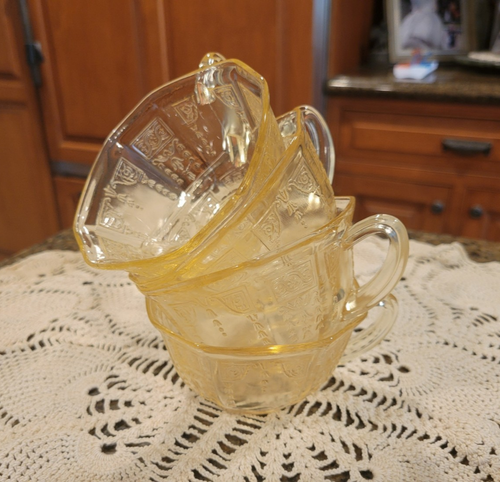 Anchor Hocking Princess Depression Glass Yellow Topaz Coffee Cups, set of 4 - Picture 2 of 2