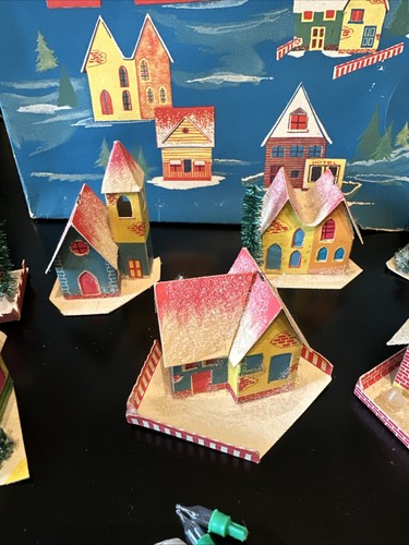 Luces miniatura vintage italianas de Navidad iluminadas casas de papel pueblo con caja - Imagen 3 de 11