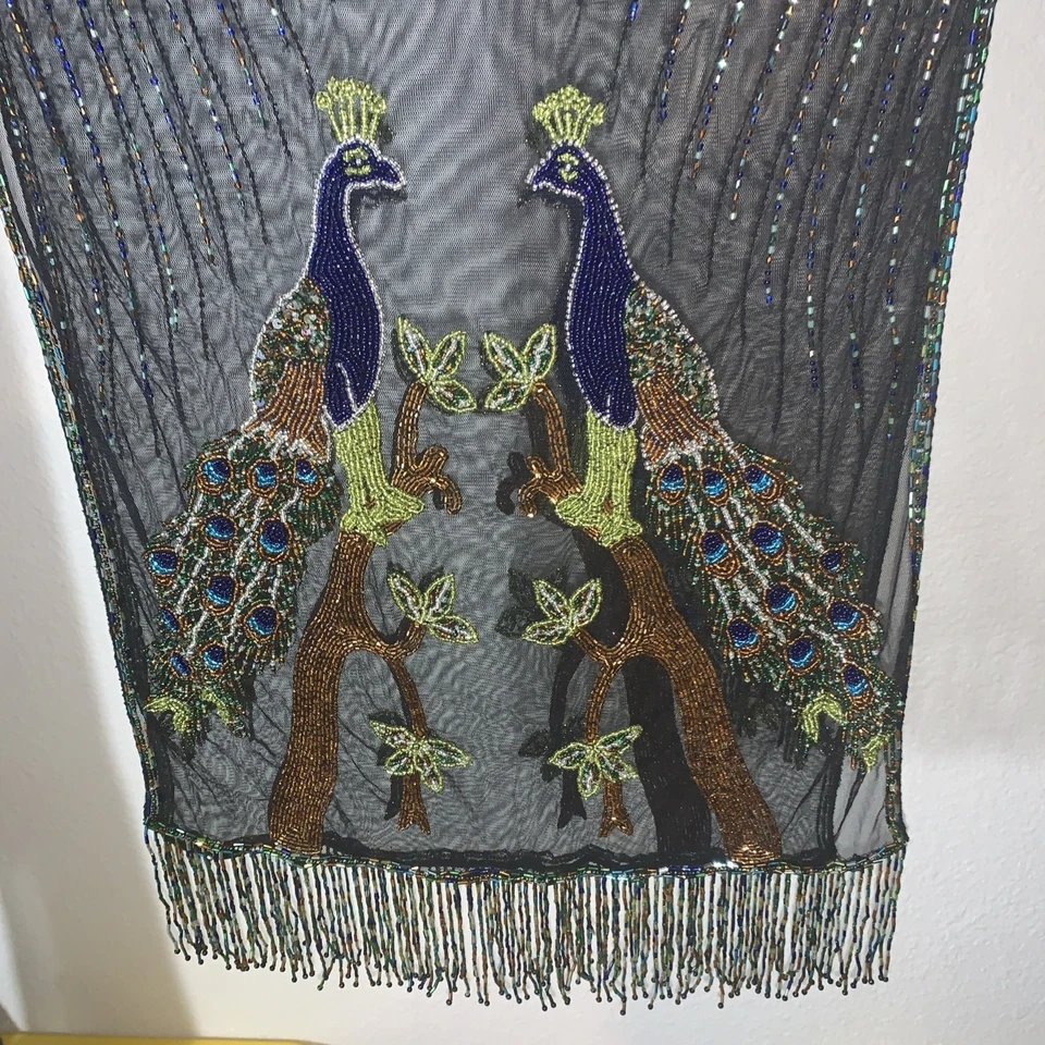 Bufanda Pavo Real Pájaro Con Cuentas **Hermosa** Colores Azul y Verde Foto 2 de 4