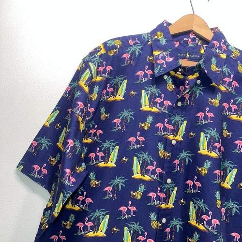 RALPH LAUREN Hawaiian Shirt Button Up Island Scene Flamigos Tropical Large Tall - Picture 3 of 8