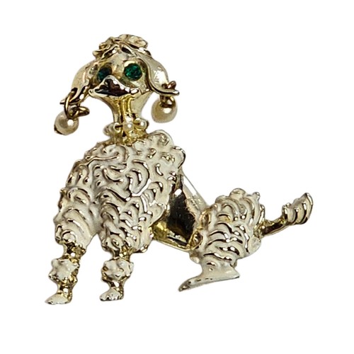 Pudel Brosche Anstecknadel Hund trägt Perlenkette & Ohrringe grüne Augen Vintage 60er Kunst - Bild 6 von 6