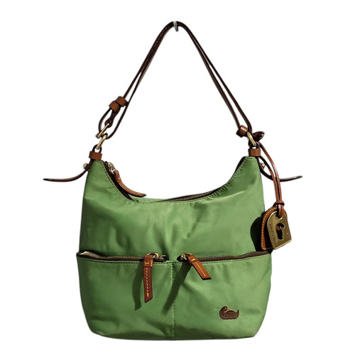 Dooney & Bourke Vintage Shoulder Bag Hobo Green Nylon Leather Trim Pink Interior - Picture 2 of 23