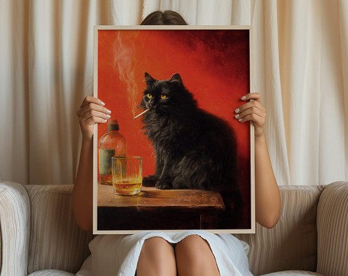 Schwarze Katze Rauchen Poster | Vintage lustiges Tier Wandbild | schrullige Wohndeko - Bild 3 von 5