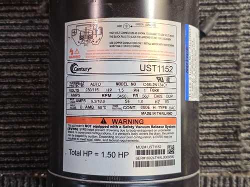 Century UST1152 Pool Pump Motor 1 1/2 HP, 1 Ph, 60 Hz, 230/115 V, 3450 RPM, ODP - Picture 4 of 9