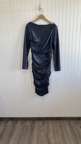 Talbot Runhof Dress Women Size 10 NWT Metallic Mirrorball Draped Royal Navy - Picture 2 of 11