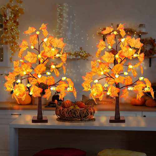 2-Pack 24" Fall Maple Trees, 48-LED Battery Tabletop Centerpieces, Thanksgiving - Picture 7 of 12