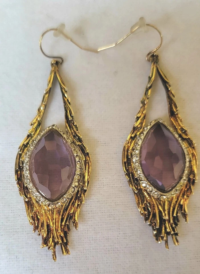 BRINCOS DE GOTA DE HALO DE CRISTAL ROXO ALEXIS BITTAR OURO 18K PLT DESIGN DE PENAS 2,5" - Imagem 4 de 4