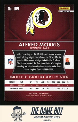 2015 Panini Prizm Red Prizm #109 Alfred Morris Washington Redskins - Picture 2 of 2