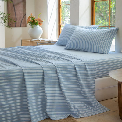 Striped Bedding Sheet Set 4 Pcs,100% Washed Cotton Linen Like,1 Fitted Sheet,1 F