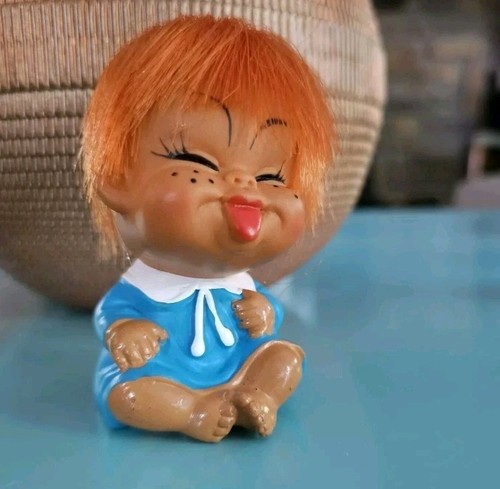 Moody Cutie Sticking Out Tongue Orange Red Hair Blue Dress Doll Vtg 60s Korea - Picture 6 of 8