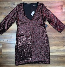 Express Dress Womens 12 Red Black Sequin Sheath V Neck 3/4 Sleeve Holiday Party